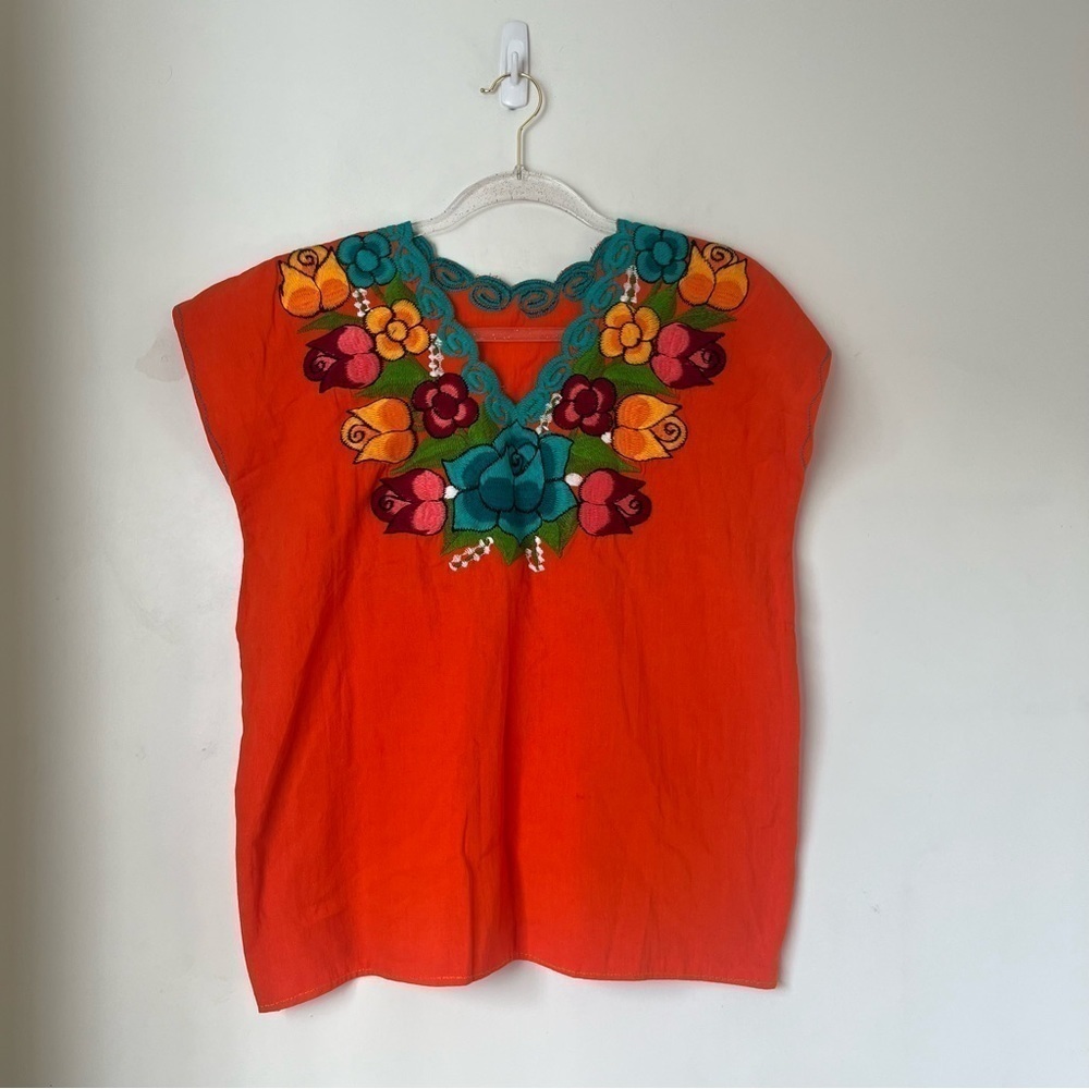 Vintage Bright Orange Mexican Floral Colorful Embroidered Peasant Blouse S/M
